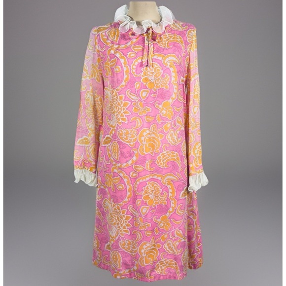 Vintage 1960s Stacy Ames Pink Orange Floral Mod Dress Ruffle Collar ILGWU Union - Picture 1 of 14